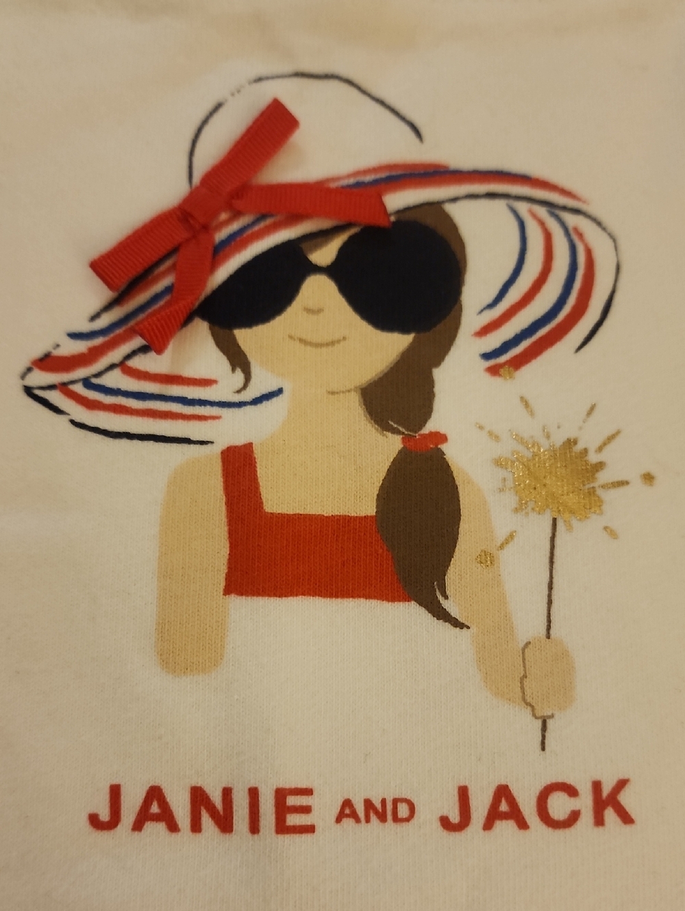 Janie and Jack Sz 5 White Tee with Red, Blue and Gold Girl W/ Sparkler Graphic